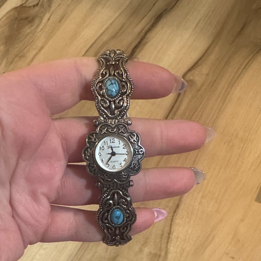 Geneva Silver and Turquoise Women's Bracelet Watch
